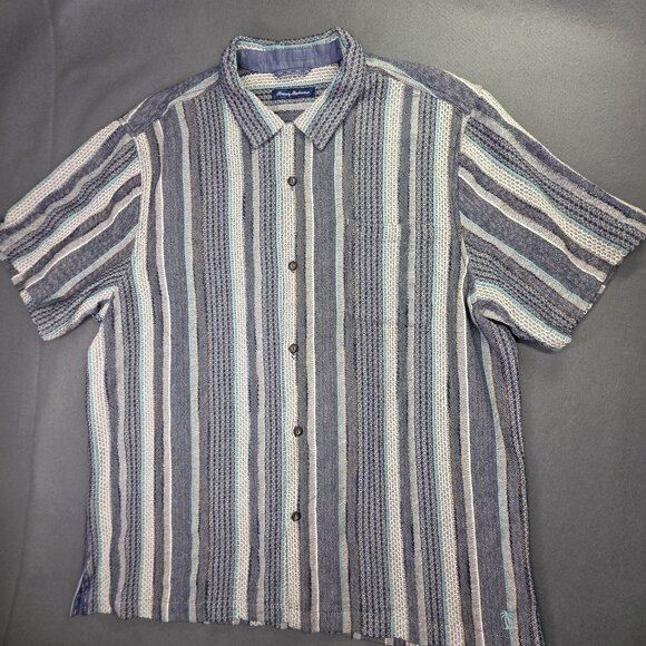 Tommy Bahama Shirt Men XL Blue Gray Striped Herringbone Camp Short Sleeve Pocket - Picture 12 of 12